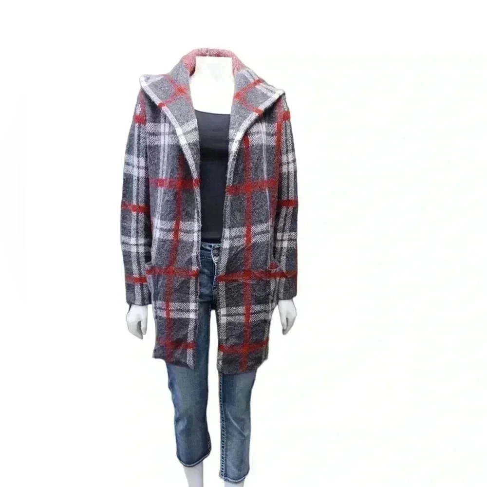 Tahari Wool Blend Plaid Chunky Knit Open Cardigan Size Medium